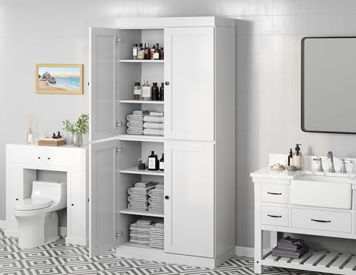Palace Imports Solid Wood Tall Bathroom Pantry Cabinet with 4 Shaker Doors & Adjustable Shelves, White - 100% Eco-Friendly, Renewable, Space-Saving Storage, 71.5" H x 32" W, Made in Brazil - color: White