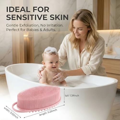 Silicone Body Scrubber, Exfoliating Loofah Alternative for Women Men, Soft Silicone Body Shower, 2 in 1 Bath and Shampoo Brush for Sensitive Skin, Back,Showering, Brush Exfoliator (Pink) - size: Pink