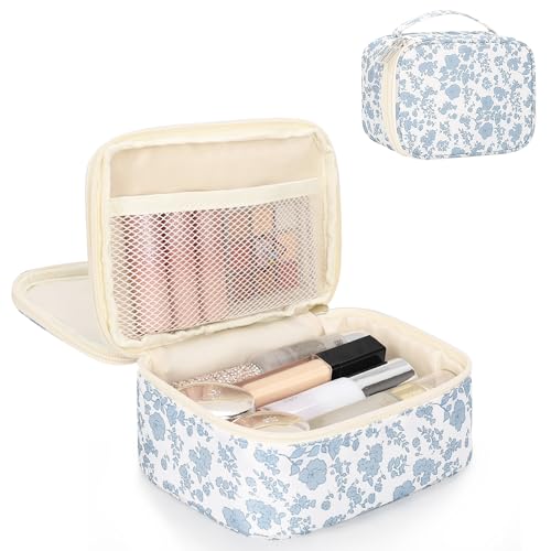 Relavel Travel Makeup Bag, Mini Floral Cosmetic Bag with 2 Makeup Brush Holders, Portable Makeup Pouch for Women, Cute Toiletry Bag with Double Layer Organizer, Blue Flower-Smaller - color: 01-Blue Flower, size: SMALL