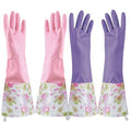 KINGFINGER 2 Pairs Latex-Free Reusable Dishwashing Gloves,PVC Waterproof Long Cuff and Flock Lining Household Cleaning Gloves,for Kitchen & Bathroom Cleaning, Large - color: Purple+pink