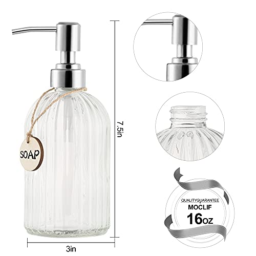 MOCLIF 16 OZ Soap Dispenser，Tempered Glass Clear Vertical Stripe with 304 Rust Proof Stainless Steel Pump Refillable Liquid Hand Soap Dispenser，for Bathroom, Kitchen, Dish Soap，Lotion (Clear) - color: White