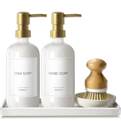 GMISUN Kitchen Soap Dispenser, 16 Oz Kitchen Dish Soap Dispenser Set with Ceramic Tray & Bamboo Brush, 2Pcs Farmhouse Dish Soap Dispenser for Kitchen, Modern White Glass Liquid Hand Soap Dispenser - color: White Bottles + Gold Pumps