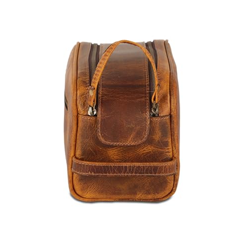 KomalC Travel Toiletry Bag – Premium Leather Dopp Kit for Men & Women with Water-Resistant Lining & Spacious Zippered Organizer - style: 1 Zip Classic Tan