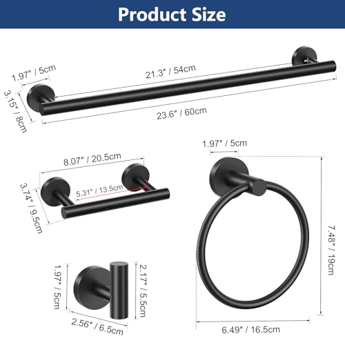 TQKAG Matte Black 5 Piece Bathroom Hardware Accessories Set 23.6" SUS304 Stainless Steel Bathroom Towel Bar Holder Sets Double Post Pivoting Toilet Paper Holder Set Wall Mounted - color: Matte Black, size: 5-Pieces Set-B