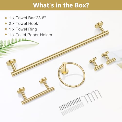TQKAG Brushed Gold 5 Piece Bathroom Hardware Accessories Set 23.6" SUS304 Stainless Steel Bathroom Towel Bar Holder Sets Double Post Pivoting Toilet Paper Holder Set Wall Mounted - color: Brushed Gold, size: 5-Pieces Set-B