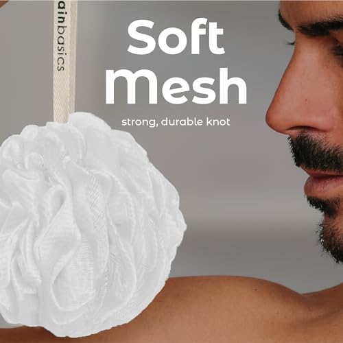 MainBasics Shower Loofah Sponge Pouf, Set of 3, Snow White | Soft Mesh Body Scrubber and Bath Sponge for Gentle Exfoliation, Rich Lather, and Everyday Shower Use - style: Snow White