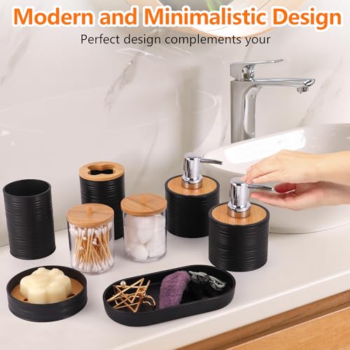 Bathroom Accessory Set,10 PCS Black Bathroom Accessories Set with Trash Can, Toothbrush Holder, Soap Dispenser, Toothbrush Cup, Vanity Tray, Soap Dish, Toilet Brush, Qtip Holders - color: Black