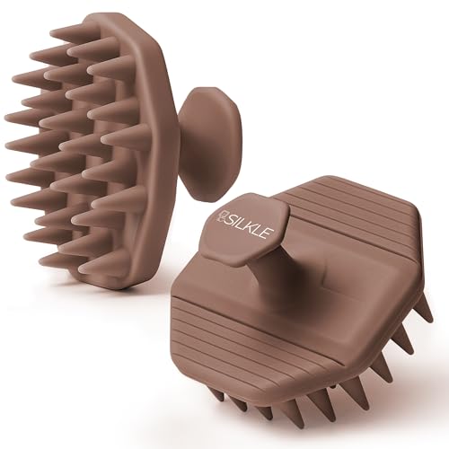 SILKLE Scalp Massager Shampoo Brush – Silicone Scalp Scrubber for Hair Growth & Dandruff Removal, One-Piece, Non-Slip Handle, Soft Bristles, Wet/Dry Shower Scalp Exfoliator for All Hair Types – Brown - color: Brown
