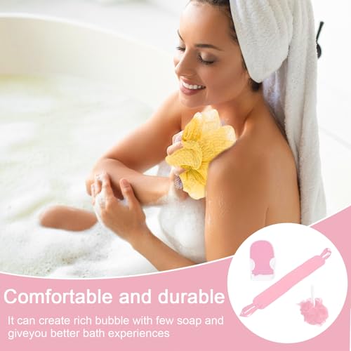 3 Pcs Exfoliating Bath Set with Back Scrubber Strap Shower Glove and Loofah Sponge for Deep Body Cleaning and Full Body Exfoliation(Pink) - color: Pink