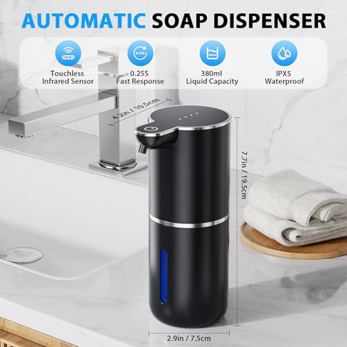 Fantictas Automatic Foaming Soap Dispenser Touchless, 4 Adjustable Levels | Foam Soap Dispenser 380ML, USB Charging Wall Mount for Kitchen & Bathroom, IPX5 Waterproof - color: Black