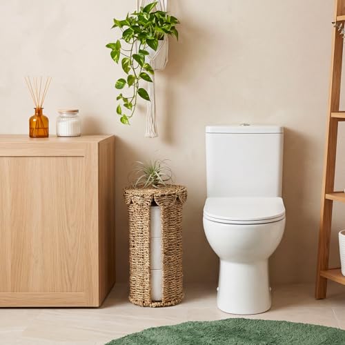 Wicker Toilet Paper Holder with Lid, Woven Paper Roll Holder Boho Rattan Toilet Papers Roll Stand for Bathroom Organizer and Storage Farmhouse Tissue Storage for 3 Mega Rolls (Seagrass)