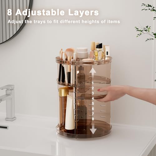 Rotating Makeup Organizer, DIY 8 Adjustable Layers Spinning Skincare Storage, Cosmetic Display Case with Brush Holder and Perfume Tray, Multi-Function Vanity Bathroom Countertop Organizer Clear Coffee - color: Clear Coffee