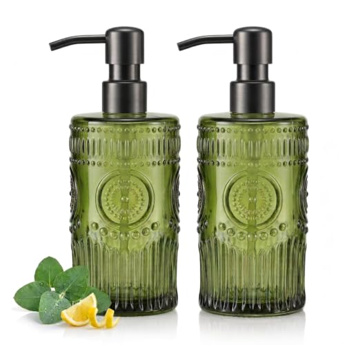 17 OZ Sunflower Embossed Glass Soap Dispenser - 2 Pack, with 304 Rust Proof Stainless Steel Pump, Glass Soap and Lotion Dispenser Set, Liquid Hand Soap Dispenser for Home, Kitchen & Bathroom (Green) - color: Green