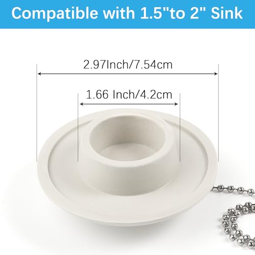 2 Packs Tub Stopper, Bathtub Stoppers with 15" Stainless Steel Beaded Chain, Rubber Drain Plug Suitable for 1.5" to 2" Bathroom, Kitchen, Laundry Sink