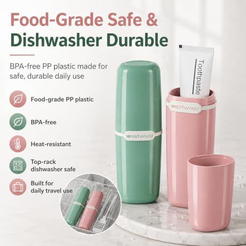 HyJeryty Simple Pink Toothbrush Travel Case, Portable Travel Toothbrush & Toothpaste Holder Cover Organizer Container with Mouthwash Cup for School, Camping, Business Trip, Bathroom Storage - color: Pink