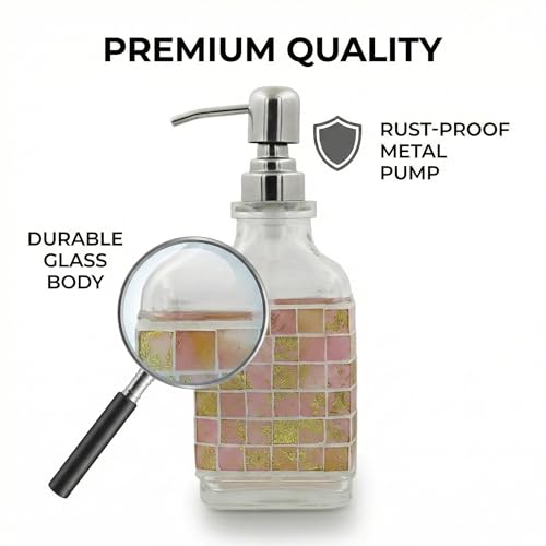BOPPIE Handcrafted Mosaic Glass Soap Dispenser, Modern Countertop Hand & Dish Soap Dispenser for Bathroom/Kitchen, Refillable Liquid Soap Bottle with Stainless Steel Rust Proof Pump (Mosaic Golden) - color: Mosaic Golden