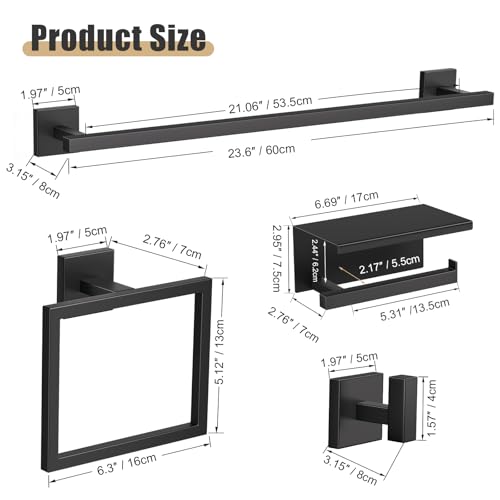 YACVCL 5-Pieces Matte Black Bathroom Hardware Accessories Set 23.6 Inch Towel Bar Set Upgraded Toilet Paper Holder with Shelf Stainless Steel Wall-Mounted Bathroom Hardware Set - color: Matte Black, size: 5Pcs