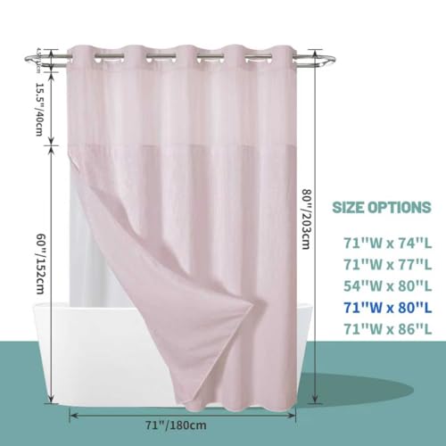 eachope BlushPink Long No Hook Waffle Weave Shower Curtain with snap-in Liner Replacement, 230GSM Waterproof Fabric Hotel Shower Curtain Set for Bathroom, Through Mesh Top Window,71Wx80H - color: Blushpink, size: 71"W x 80"L (Pack of 1)