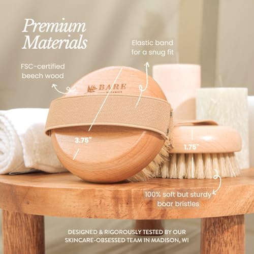Bare Botanics Dry Brushing Body Brush for Lymphatic Drainage | Medium Firmness Cruelty Free Natural Boar Bristles Improves Circulation and Gently Exfoliates | Ergonomic Elastic Strap - size: Palm Dry Brush