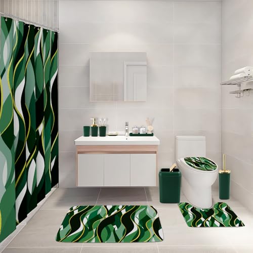XLHOMO Bathroom Set - Green and Gold Bathroom Accessories, Bathroom Sets with Shower Curtain and Rugs, Green Shower Curtain Set with Bathroom Trash Can, Soap Dispenser, Soap Dish for Home Decor - color: Stripe Green & Gold, size: Complete Set + Bath Rugs