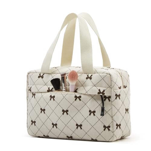 Large Makeup Bag for Women Corduroy Cosmetic bag Make up Bags Zipper Pouch with handle Cosmetic Organizer Toiletry Bag for Travel Storage - color: 26-Bowknot Beige