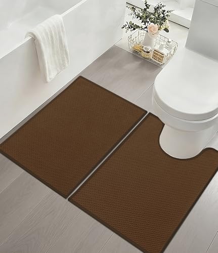 YIHOUSE Bathroom Rug Mat Sets, Ultra Thin Quick Dry Bath Mat, Absorbent Bath Mat for Bathroom Non Slip Machine Washable Bath Rug 2 Piece(Brown) - color: Brown, size: 2 Pieces (U-Shape)