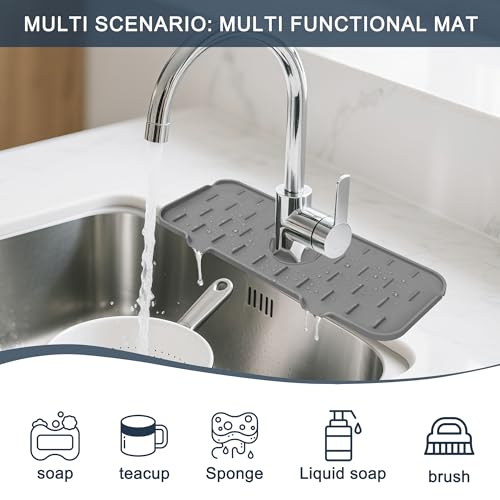 Gosmol Kitchen Sink Splash Guard Silicone Faucet Mat for Kitchen Sink Grey | Sink drain pad behind faucet, Sink rubber mat around faucet guard & draining mat, bathroom sink protector Water Catcher Mat - color: Gray