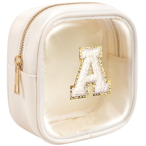 KOTORA Initial Make Up Bag Travel Toiletry Bag, Clear Makeup Bag Preppy Cosmetic Bags Organizer Valentine's Day Gifts for Teen Girls Women Girlfriend Teacher Mom Brithday Small Makeup Bag Beige A - color: Beige, style: A