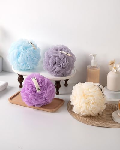MTDLYICE Loofah Sponge, XXL Large Loofah 100g 4 Pack, Bath Sponge Soft Mesh Shower Loofah for Men, Body Scrub, Shower Pouf Bath Accessories, for Body Wash, Soap (Lavender) - style: Lavender