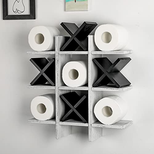 Weysat Tic Tac Toe Toilet Paper Holder Stand Bathroom Wall Decor Rustic Wooden Hanging Storage Freestanding Wall Mounted Shelves Decor for Toilet Tissue Farmhouse - color: Retro White, Black