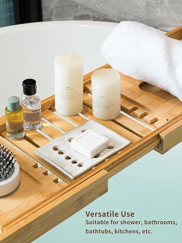 Soap Dish with Self Drain, Bar Soap Holder for Bathroom and Kitchen Sink, Rectangular Soap Dishes for Shower Ceramic Soap Saver, Japanese Soap Tray, White - color: White, size: with Drain Holes