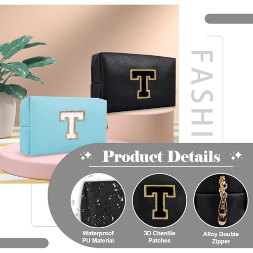 Personalized Initial A-Z Preppy Patch Makeup Bag,Small PU Chenille Letter Cosmetic Bag with Zipper for Teen Girls,Black Cute Toiletry Organizer Bag,Monogram Makeup Case Gift for Women Girls,Letter T - color: Black,Black-Letter, size: T