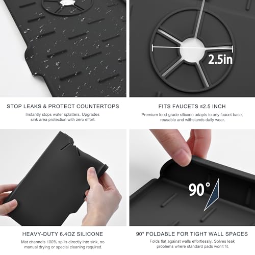 Gosmol Kitchen Faucet Sink Splash Guard - Faucet Guard & Draining Mat Black | Silicone water catcher mat, Sink drain pad behind fauce; Sink rubber mat, Faucet Mat, kitchen bathroom protect around faucet - color: Black