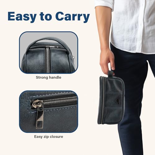 emissary Leather Travel Toiletry Bag for Men, Dopp Kit - Blue | Water-resistant leather, large capacity + organizer pockets; refined men's travel Dopp kit, carry-on ready - color: Blue