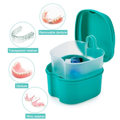 Keedolla 2 Pack Color Retainer Cleaner Case Denture Cups for Soaking Dentures, False Teeth Container Partial Denture Cleaning Case with Lid Travel - Lake Green and Dark Blue - color: Lake Green & Dark Blue