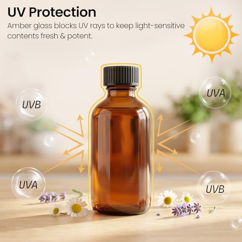 TBWIND 54 Pack 2oz Amber Glass Boston Round Bottles with Airtight Caps | Travel Size Bottles for Essential Oils, Perfume, Vanilla Extract, Tinctures & DIY Sample with Droppers, Labels & Funnels - size: 2oz