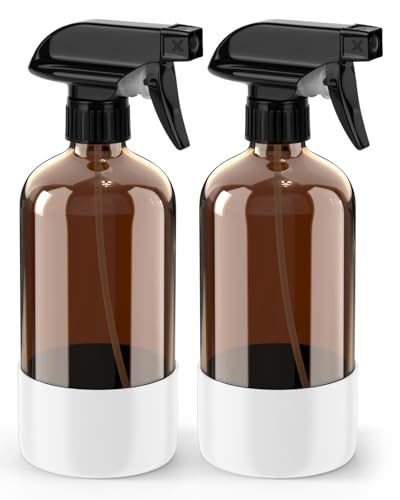 Bontip Glass Spray Bottle with Silicone Sleeve Protection, Amber Glass Spray Bottle Set for Window Cleaner Aromatherapy Facial Hydration Watering Flowers Hair Care 2 Pack/16 oz (White, 16 oz) - color: White, size: 16 Ounces