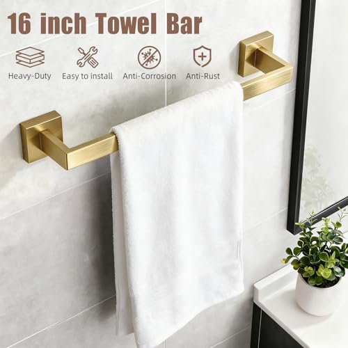 Brushed Gold Bathroom Accessories Hardware Set, 7-Pieces Stainless Steel Towel Racks for Bathroom, 16 Inch Towel Bar, Towel Holders, Updated Toilet Paper Holder with Shelf Wall Mounted - color: Gold, size: 7 Pieces