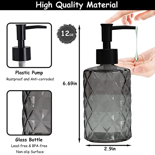 Glass Soap Dispenser with Black Plastic Pump, 12oz Refillable Liquid Hand Soap Dispenser, Crystal Lotion Bottle for Modern Home Decor, Bathroom, Kitchen Countertop, Hotel - color: Dark Gray