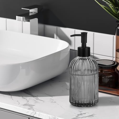 1 Pack 13.5oz Glass Soap Dispenser with Plastic Pump, Vertical Stripe Design Refillable Hand Soap Dispenser for Hand Wash, Bathroom and Kitchen - color: Transparent Grey