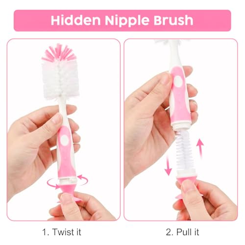 Ariseno 4-in-1 Baby Bottle Brush Set, Including Nylon Bottle Brush, Cap, Straw, Nipple Brushes, BPA-Free (Pink) - color: Pink-nylon
