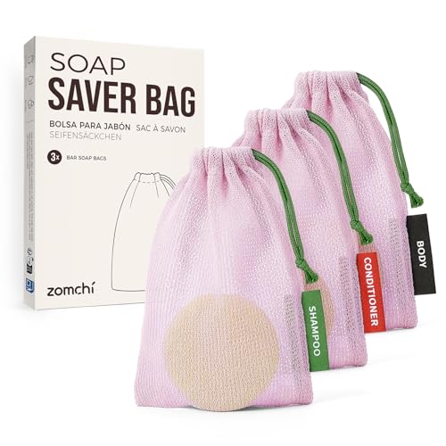 ZOMCHI Foaming Bar Holder for Shower, Mesh Hanging Pouches with Loop, Designed for Body, Shampoo & Conditioner Bars, Color-Labeled Set (3 Pack, Pink)
