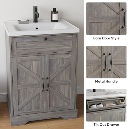 Smart FENDEE 23.62" Bathroom Vanity with Ceramic Sink, Farmhouse Bathroom Vanity Cabinet with Barn Door & Drawer, Freestanding Floor Storage Cupboard with Sink Combo Set, Washed Grey - color: Washed Grey