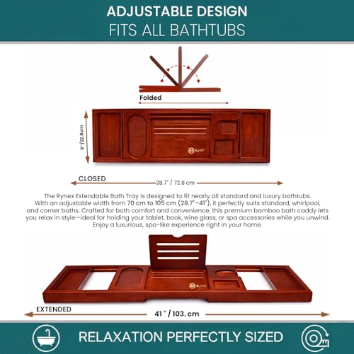Bathtub Tray & Bath Tray for Tub – Expandable Bamboo Bath tub Tray, Bathtub Caddy, Adjustable Foldable Waterproof Bath Trays for tub with Phone, Wine Glass, Book & Tab Holder (Free Soap Dish)