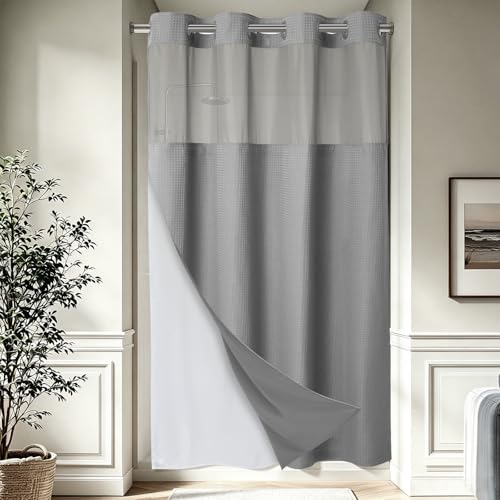EUTXL Heavyweight Stall No Hook Shower Curtain with Snap in Liner,256GSM Waffle Weave Shower Curtains for Bathroom,60W x 74H,Grey - color: Grey, size: 60"W x 74"L (Pack of 1)