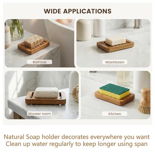 2-in-1 Soap Dish Combo Pack Includes 1 Bamboo Soap Holder and 1 Soap Bag, Slotted Wooden Soap Dish Self Draining, Shampoo Bar Tray for Shower, Bathroom, Countertop (Natural Brown Wood)