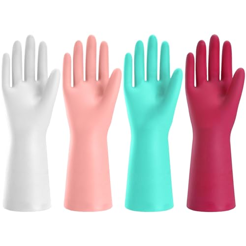 KAQ Reusable Rubber Cleaning Gloves: 4 Pairs Latex Free Non-Slip Household Kitchen Gloves for Washing Dishes - color: 4 Color(flexibility), size: Large