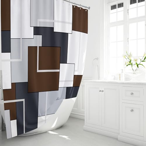 BTTN Stall Fabric Shower Curtain, 60x72 Inches Geometric Cloth Shower Curtain Set with 10 Plastic Hooks, Narrow Abstract Modern Neutral Water-Repellent Polyester Shower Curtains for Bathroom - Brown - color: Brown, size: 60"W x 72"L (Pack of 1)