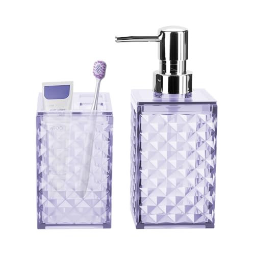 Bathroom Accessories Set 2 PCS, Purple Bathroom Accessories Include Soap Dispenser and Toothbrush Holder, Diamond Pattern Bathroom Set for Boho Bathroom Decor - color: Purple