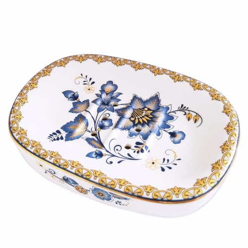 Self Draining Soap Dish, Double-Layer Bar Soap Tray, White Ceramic Soap Dish with Elegant Patterns (Style D) - color: Style D